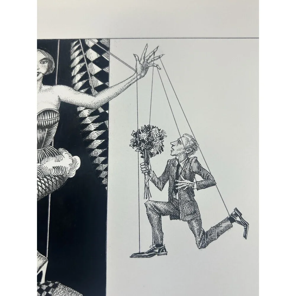 Original Alexander Valdman 2002 Pen & Ink Drawing - Puppet Master Woman on Lion